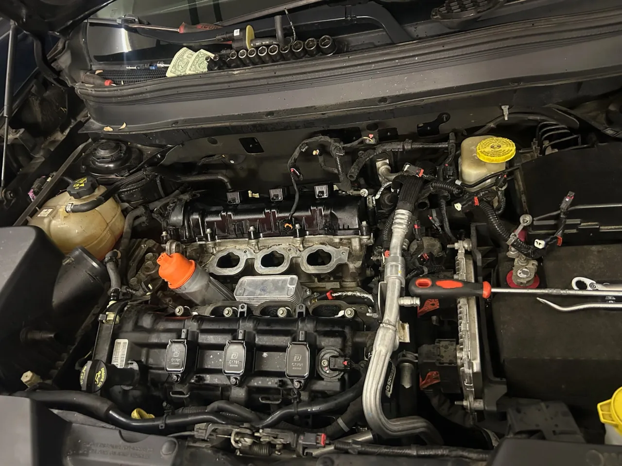 Vehicle engine bay during service